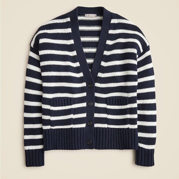 NWT J CREW Heritage cotton relaxed cardigan in stripe in Navy/Ivory - Picture 2 of 6
